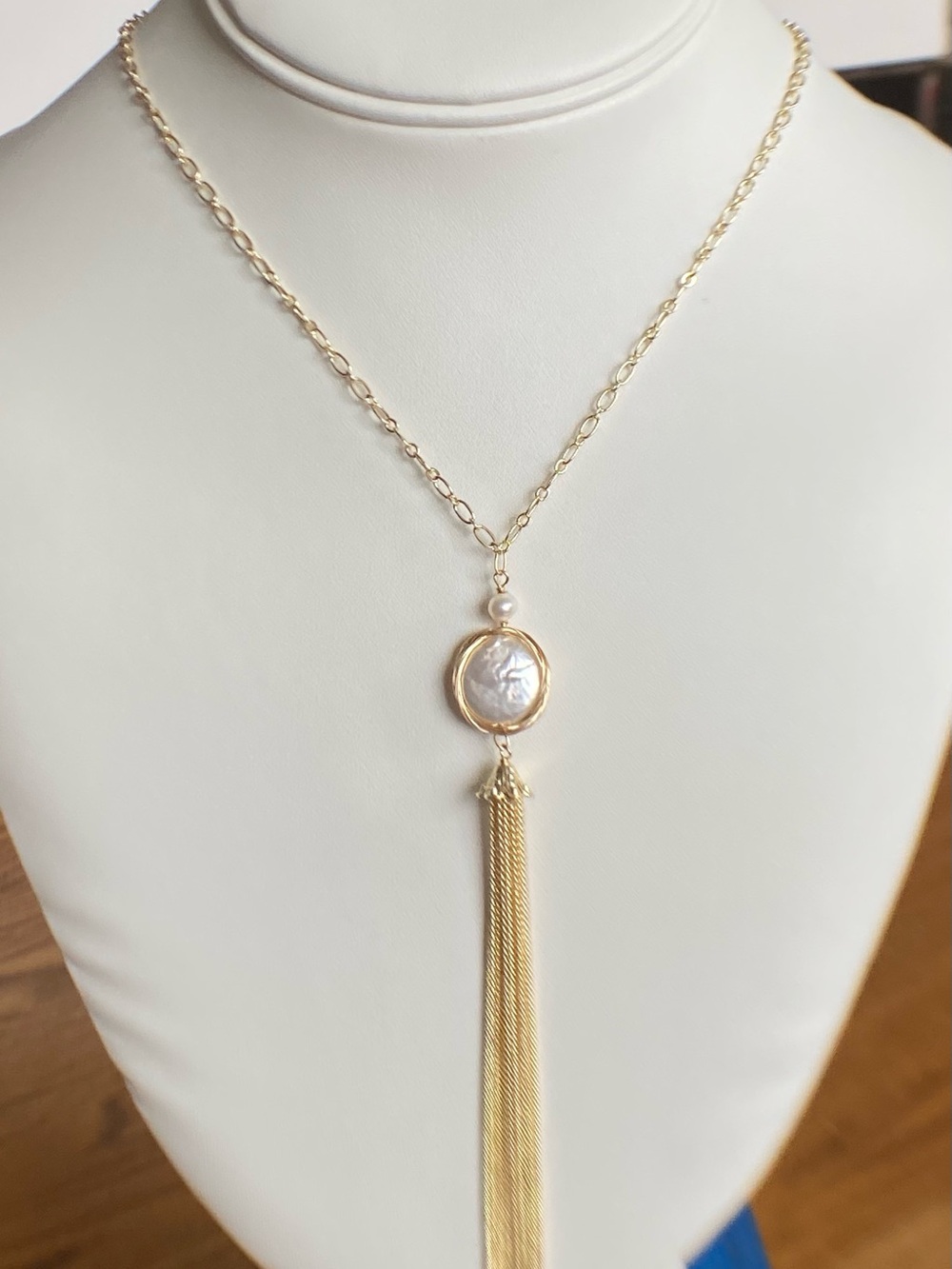 White Coin Pearl Tassels Gold Chain Necklace - Adjustable Length
